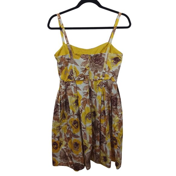 Maggy London Womens Sundress Size 8 100% Cotton Yellow Brown Floral Pleated - Picture 2 of 6